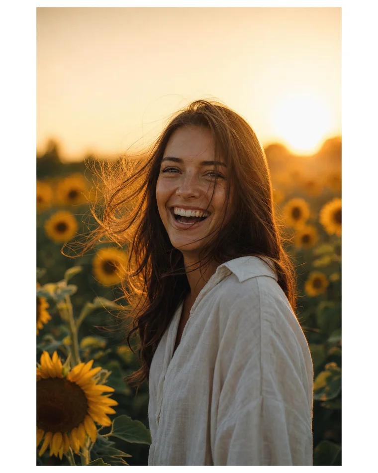 A smiling woman in a sunflower field, original colours, with a white Instagram border