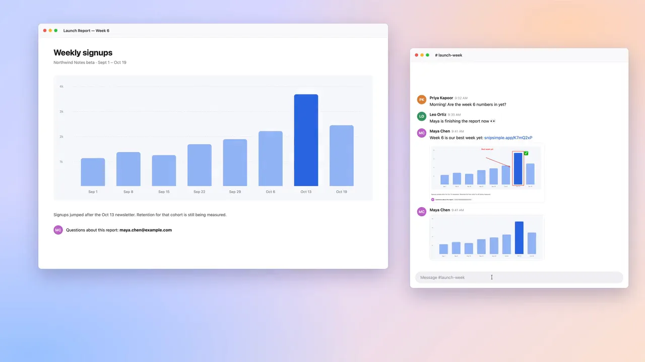 Quick Capture recorded in the real app: Shift Command 4, drag over a chart, let go, and the image is pasted straight into a chat. No toolbar.
