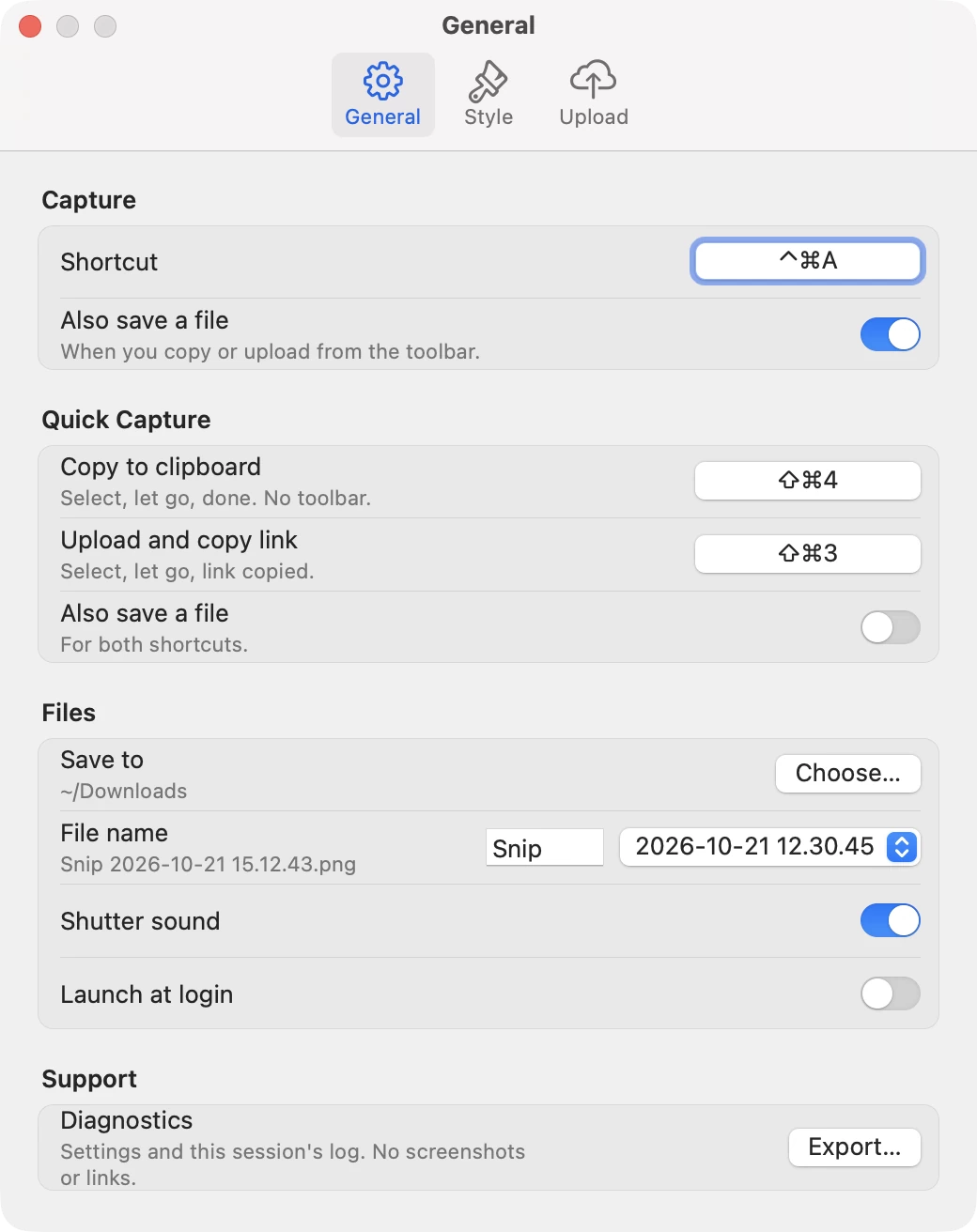 SnipSimple's General settings: capture shortcut Control Command A, Quick Capture shortcuts Shift Command 4 and Shift Command 3, files saved to Downloads.