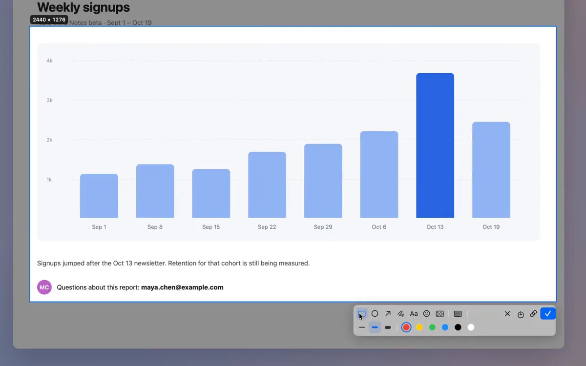 Dragging over a chart: the selected area shows its size above it and the toolbar underneath.