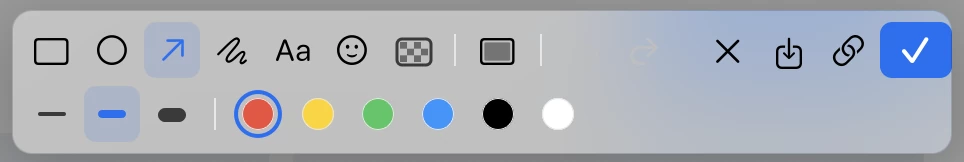 The SnipSimple toolbar: rectangle, ellipse, arrow, pen, text, emoji and mosaic tools, the frame button, undo, redo, cancel, save, upload and copy, with sizes and colours below.